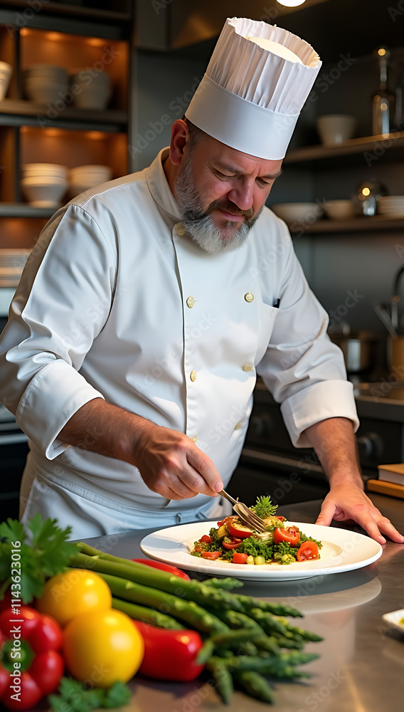 “Chef Preparing Gourmet Dish” – A chef in a professional kitchen skillfully plating a gourmet dish with vibrant colors, surrounded by fresh ingredients.
