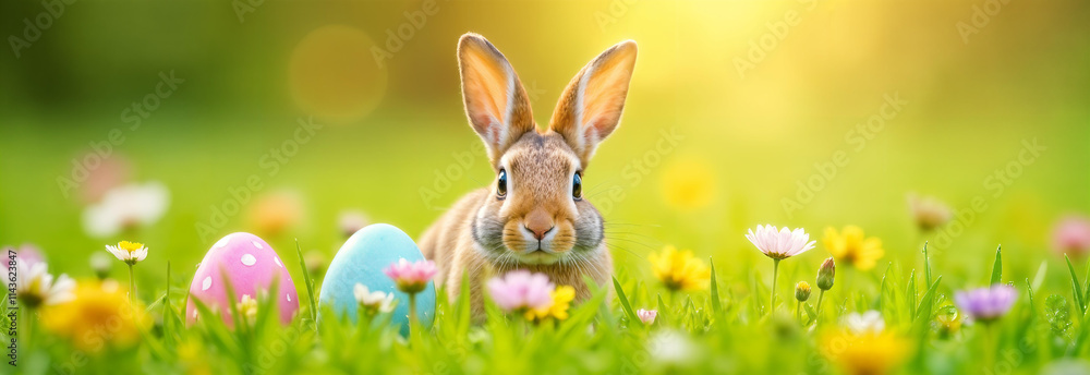 A cute rabbit nestled beside colorful Easter eggs in a vibrant meadow filled with flowers and sunshine