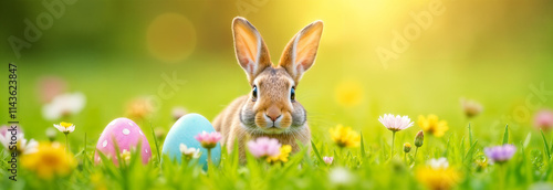 Obraz na płótnie A cute rabbit nestled beside colorful Easter eggs in a vibrant meadow filled with flowers and sunshine w salonie