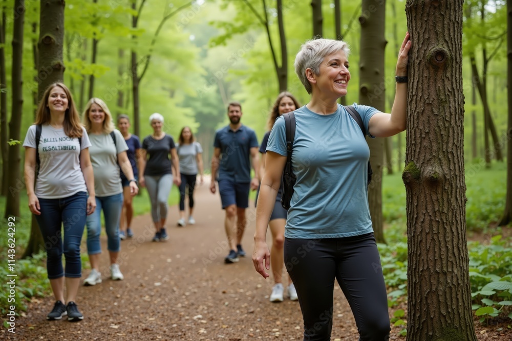 Group of happy people hiking on a woodland trail in casual outfits on a sunny day with lush green scenery. Group of happy people hiking on a woodland trail in casual outfits on a sunny day with lush green scenery.