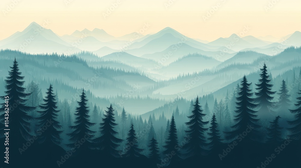 Fototapeta premium Misty mountain forest layered pine silhouettes ethereal landscape