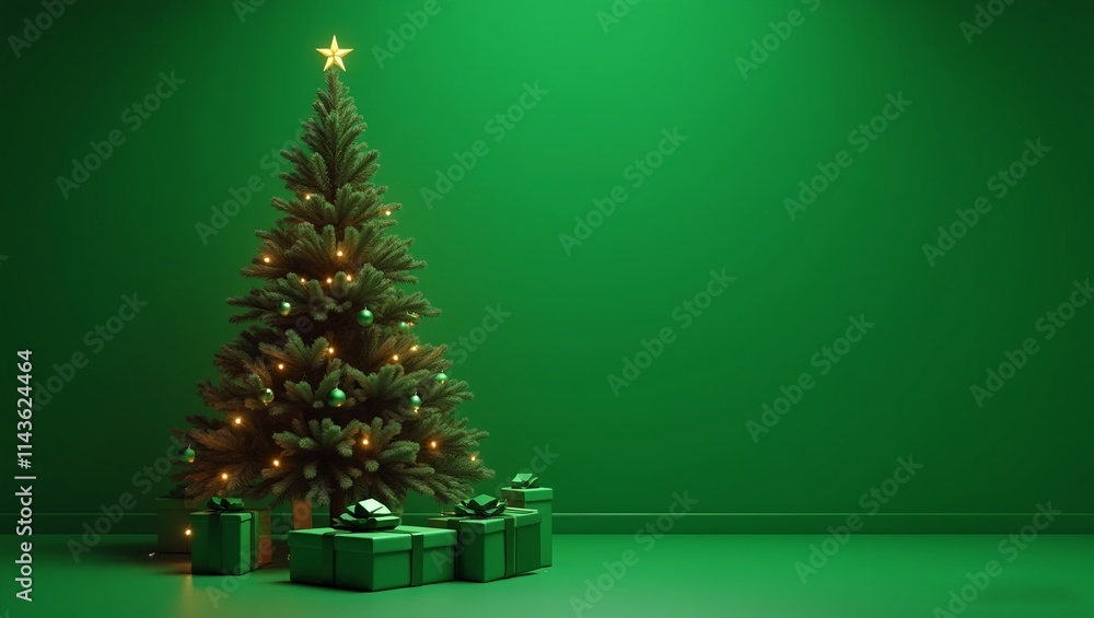 Indoor green Christmas tree on a green empty room with some blinkers and green wrapped gifts under the tree Indoor green Christmas tree on a green empty room with some blinkers and green wrapped gifts under the tree