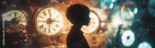 Silhouette of a person against a backdrop of vintage clocks at a dimly lit timepiece gallery photo