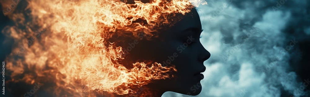Fototapeta premium Silhouette of a face intertwined with roaring flames creating a striking contrast against a smoky background