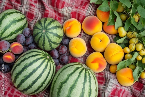 Summer Fruits Picnic Basket with Watermelon, Peaches, and Plums photo