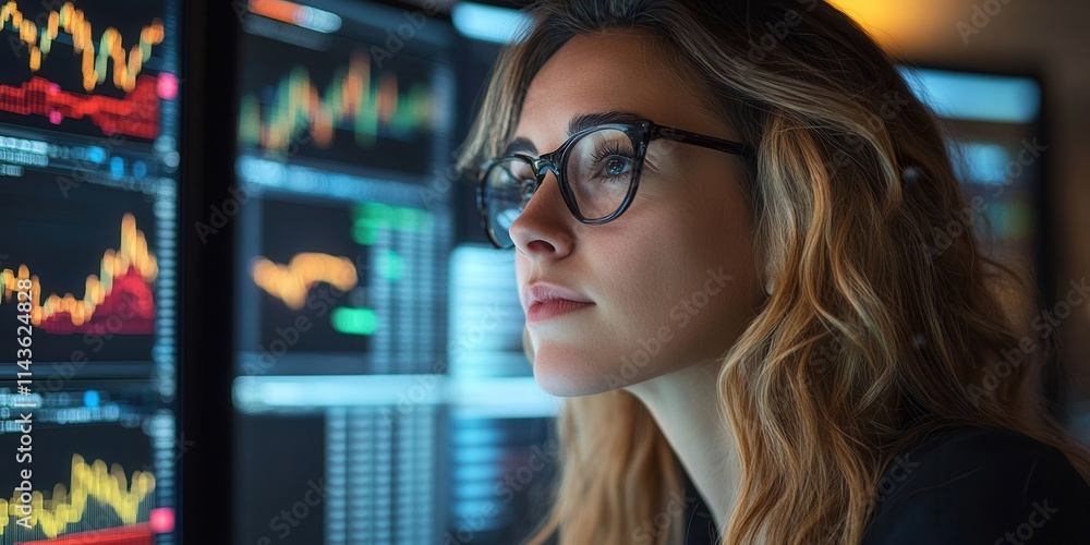 A focused woman analyzes stock market data on multiple monitors, surrounded by colorful graphs and charts, reflecting a modern trading environment. A focused woman analyzes stock market data on multiple monitors, surrounded by colorful graphs and charts, reflecting a modern trading environment.