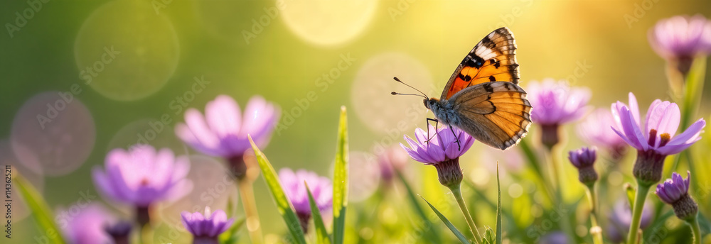 A butterfly rests on a vibrant flower, sparkling in the warm sunlight of a tranquil garden full of beauty. Hello spring.