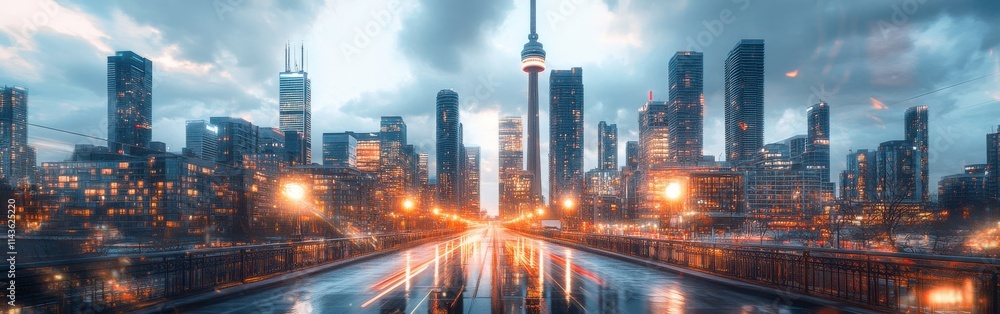 Fototapeta premium Classic bridge leads into vibrant city skyline amid a twilight glow showcasing urban life and architecture