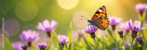 Obraz na płótnie A butterfly rests on a vibrant flower, sparkling in the warm sunlight of a tranquil garden full of beauty. Hello spring. w salonie