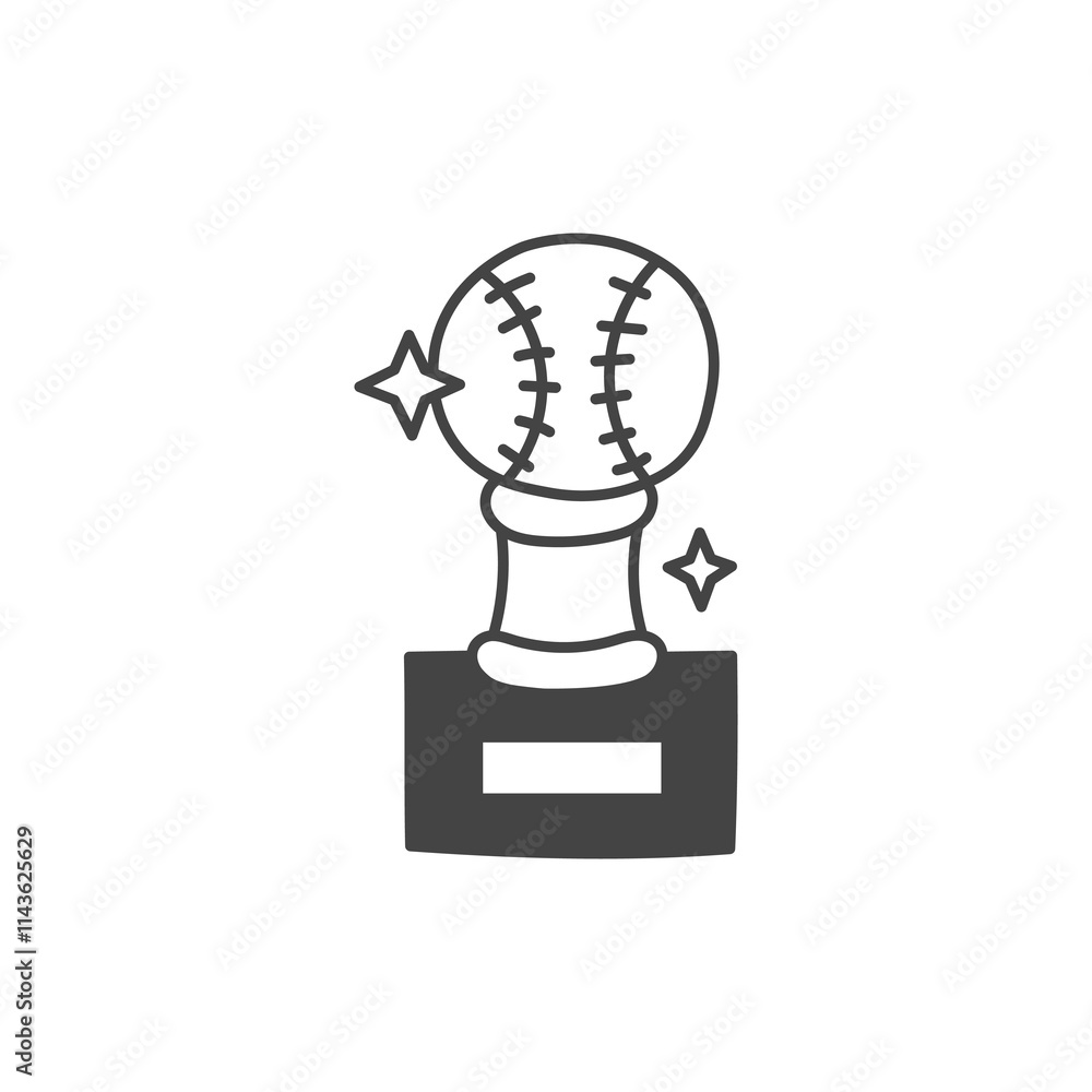 Baseball Cup Award with Sports Ball Icon. Hand drawn Softball first place competition winner symbol with sparkles. Team game victory achievement. Vector illustration in doodle style. Baseball Cup Award with Sports Ball Icon. Hand drawn Softball first place competition winner symbol with sparkles. Team game victory achievement. Vector illustration in doodle style.