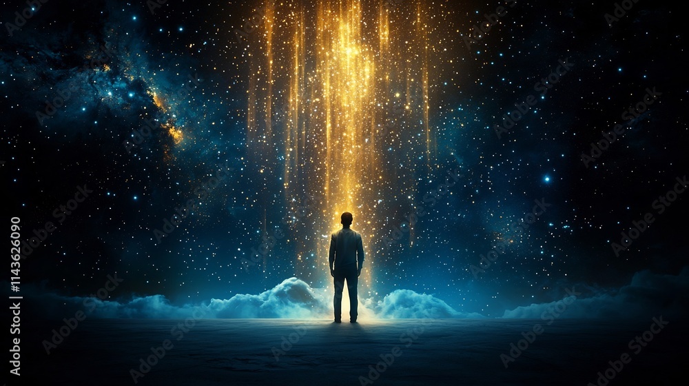 A mystical figure stands beneath a glowing waterfall of stars with radiant light cascading down symbolizing the and wonder of the vast enigmatic universe A mystical figure stands beneath a glowing waterfall of stars with radiant light cascading down symbolizing the and wonder of the vast enigmatic universe