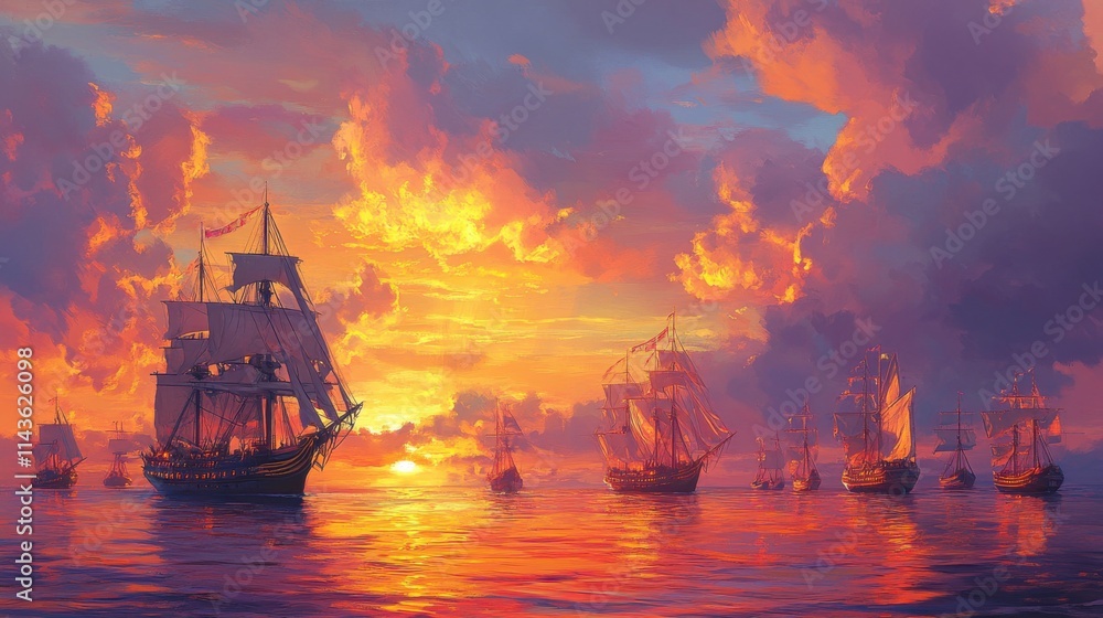 Picturesque view of a majestic fleet sailing at sunset over calm waters Picturesque view of a majestic fleet sailing at sunset over calm waters