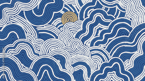 Crafted hand drawn Japanese minimal style clouds and moon line pattern, brush, wood carving, woodcut, engraving, sculpturing abstract texture, simple humble and calm graphic for textile, carpet 