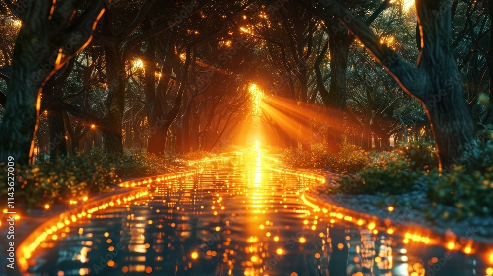 Naklejka premium Enchanting Autumn Forest Path Illuminated by Glowing Lights and Reflections in the Serene Stream A Fairytale like Landscape with a Magical Atmospheric Ambiance