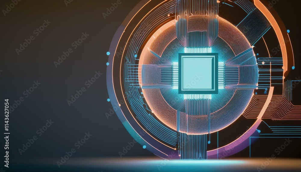 Naklejka premium Consumer future and technology concepts: Quantum computing concept, glowing circuits and particles.