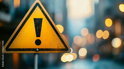 Yellow triangle traffic sign with black exclamation mark symbolizing police warning, clear and sharp with ample copy space for text or design.