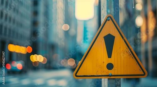 Yellow triangle traffic sign with black exclamation mark symbolizing police warning, clear and sharp with ample copy space for text or design.