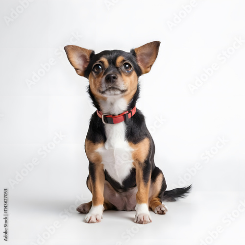 A playful Norrbottenspets dog sitting on a light solid color background, with its tail wagging  photo