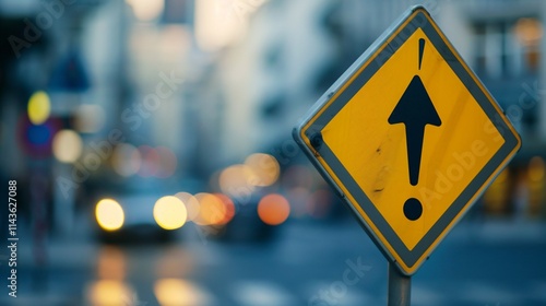 Yellow triangle traffic sign with black exclamation mark symbolizing police warning, clear and sharp with ample copy space for text or design.