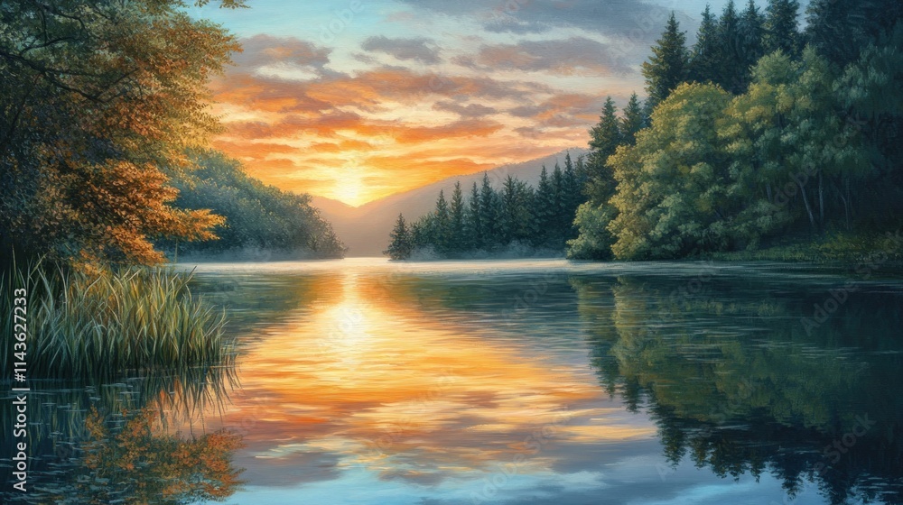 Serene Sunset Over a Tranquil Lake Serene Sunset Over a Tranquil Lake