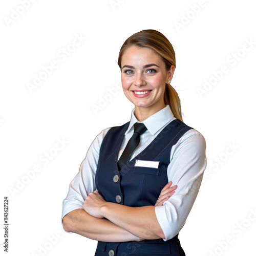Smiling hotel staff member on transparent background, dressed in navy blue uniform with white shirt & black tie, hair in ponytail, warm gaze directed straight at the viewer