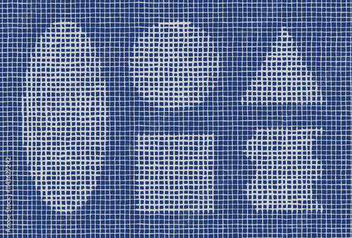 Crafted hand drawn brush line geometrics mesh cross hatching square abstract pattern, Japanese inspired wood carving, engraving, weaving, basketry style background for carpet, textile, fabric