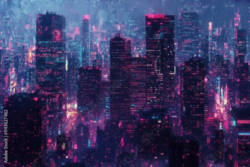 A Digital Cityscape with Glowing Windows and a Purple Sky
