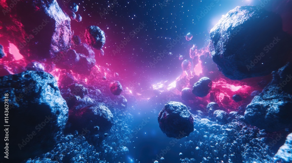 Fototapeta premium Futuristic interstellar journey through vibrant asteroid fields and cosmic colors