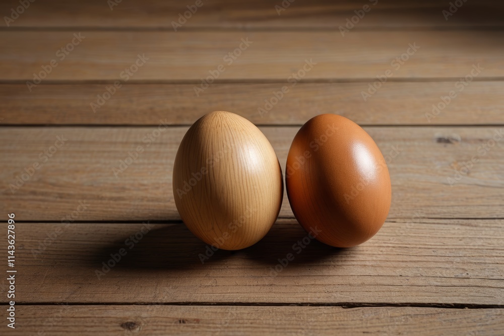 two eggs sitting on a wooden table with one egg in the middle two eggs sitting on a wooden table with one egg in the middle