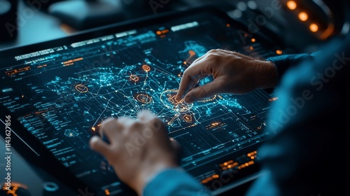 Futuristic holographic screen featuring interconnected data points maps and lines creating a visually captivating interface for data analysis strategic planning and decision making