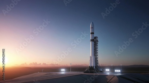 Dramatic view of a rocket on the launch pad at dawn ready for takeoff in a vast desert landscape