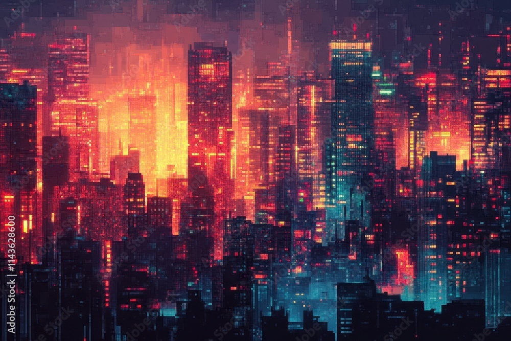 Pixelated Cityscape with Red and Orange Glow Pixelated Cityscape with Red and Orange Glow