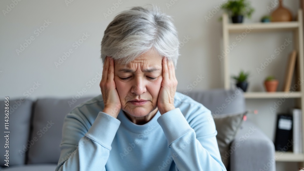 Elderly Woman Experiencing Stress Symptoms, Holding Temples in Distress, Symbolizing the Struggles of Aging and Emotional Turmoil Elderly Woman Experiencing Stress Symptoms, Holding Temples in Distress, Symbolizing the Struggles of Aging and Emotional Turmoil