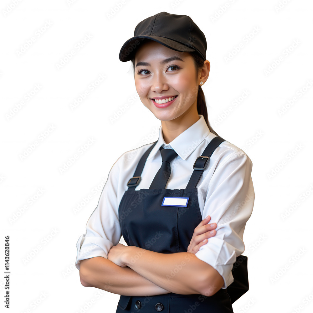 A stylish Asian waitress in crisp black and white uniform, adorned with a simple yet elegant label, set against a transparent black backdrop, accentuating her professional demeanor A stylish Asian waitress in crisp black and white uniform, adorned with a simple yet elegant label, set against a transparent black backdrop, accentuating her professional demeanor