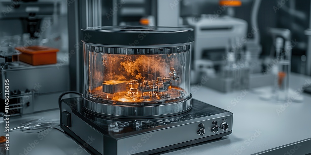 A high-tech device with a transparent dome, displaying vibrant orange elements, situated in a modern lab setting. A high-tech device with a transparent dome, displaying vibrant orange elements, situated in a modern lab setting.