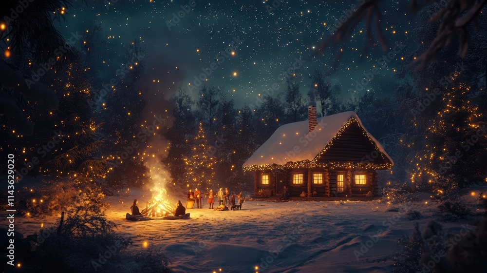 Fototapeta premium Cozy cottage surrounded by snow and festive lights with a warm fire in the evening