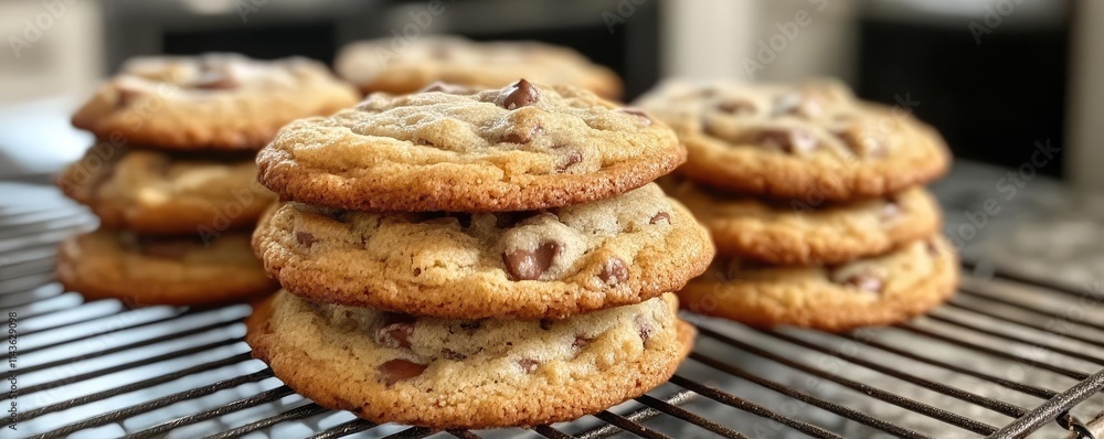 A stack of homemade cookies on a cooling rack, fresh from the oven A stack of homemade cookies on a cooling rack, fresh from the oven