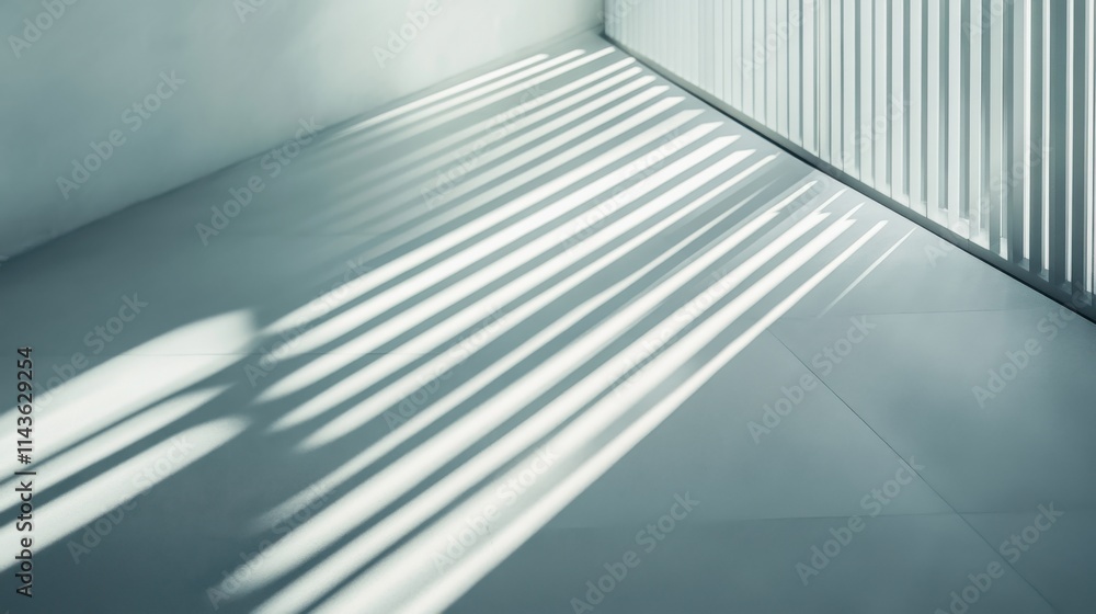 Clean minimalist interior with diagonal shadows cast by window blinds in a modern space Clean minimalist interior with diagonal shadows cast by window blinds in a modern space