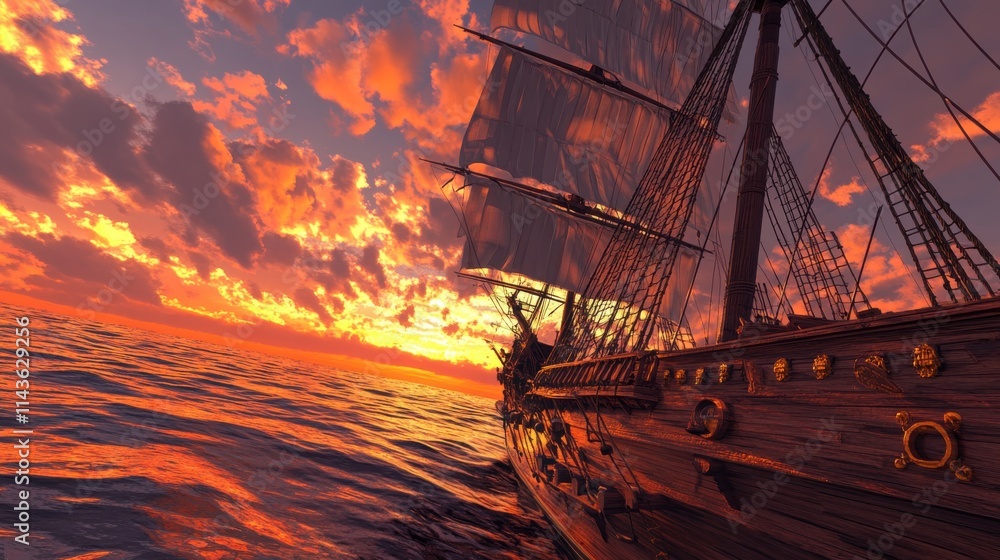 Obraz premium Sailing into the sunset on a majestic ship with billowing sails amidst a vibrant sky