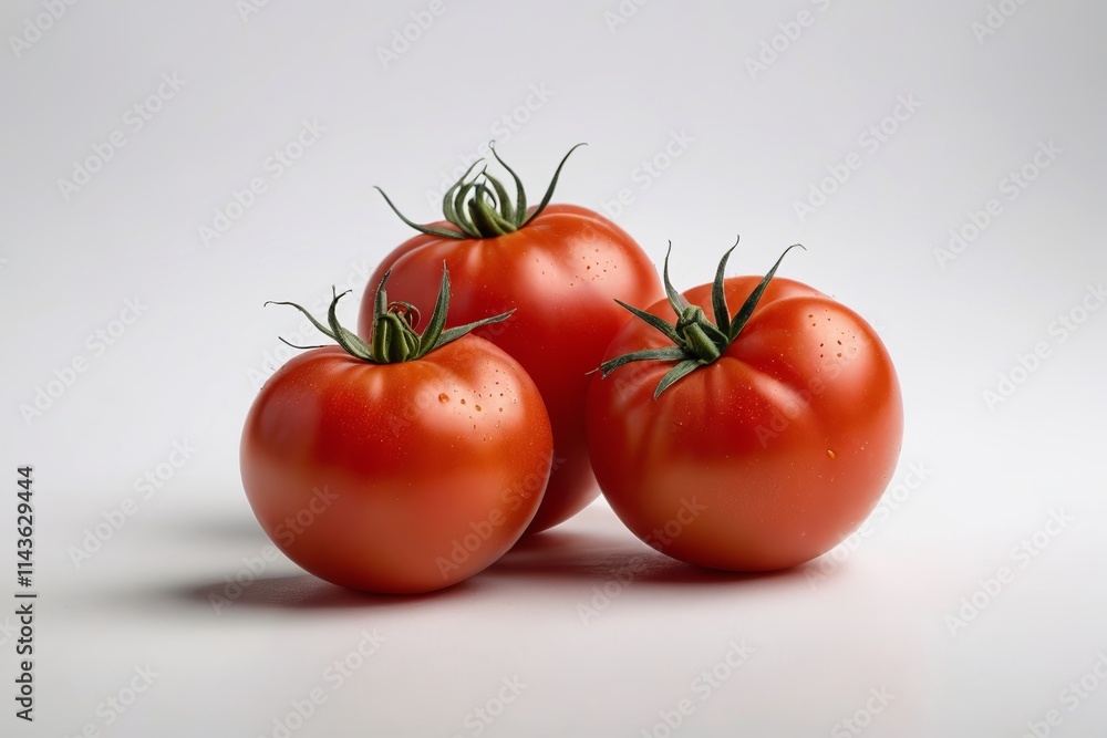 three tomatoes are sitting on a white surface with water droplets three tomatoes are sitting on a white surface with water droplets