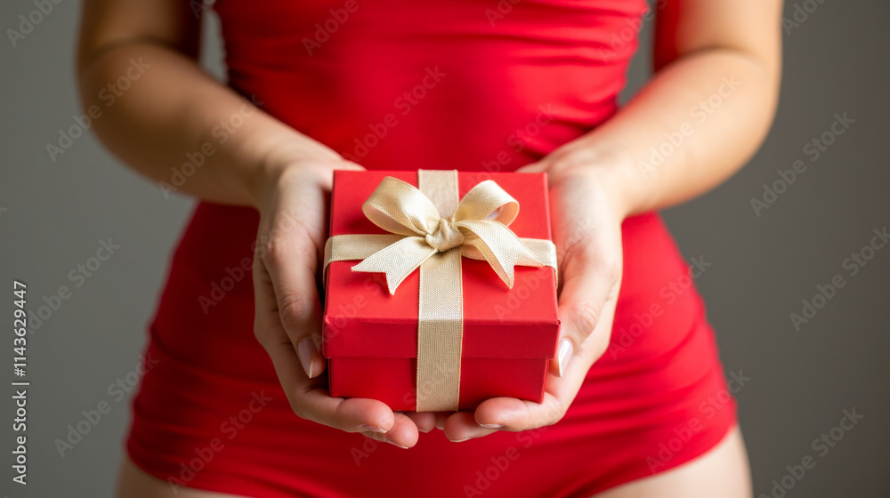 Woman in red lingerie handing small red gift box with gold ribbon, close-up of hands, holiday present, special occasion, festive moment, joyful giving Woman in red lingerie handing small red gift box with gold ribbon, close-up of hands, holiday present, special occasion, festive moment, joyful giving