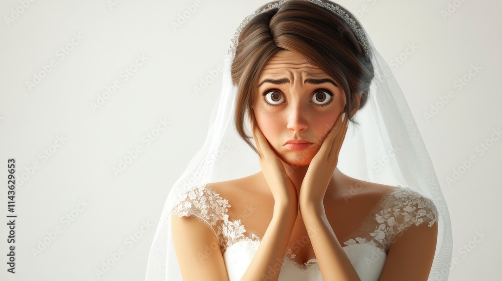 Worried Bride in Lace Wedding Dress, Nervous Expression, White Background Worried Bride in Lace Wedding Dress, Nervous Expression, White Background