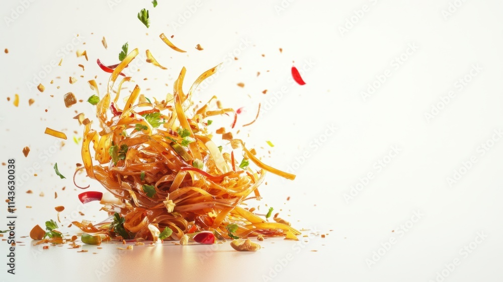 Pad Thai Noodles Exploding, Delicious Asian Food, Culinary Burst Pad Thai Noodles Exploding, Delicious Asian Food, Culinary Burst