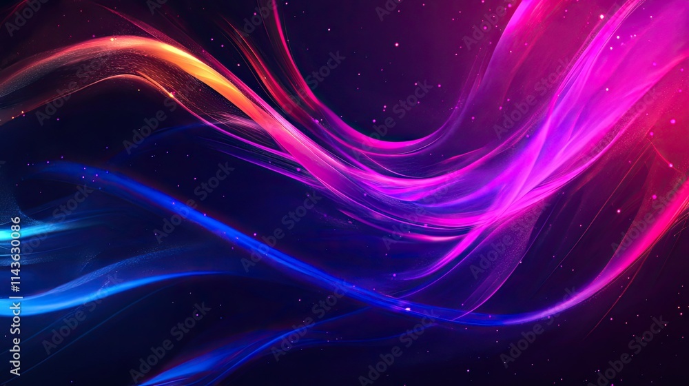 Naklejka premium Abstract Cosmic Dance: A mesmerizing abstract background of flowing, luminous lines in vibrant hues of blue, pink and orange, dancing against a dark, starry backdrop. The lines twist and turn.