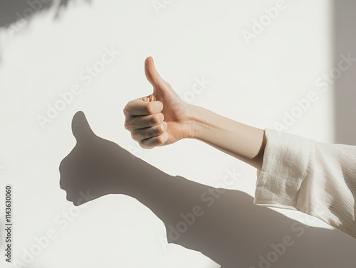 White background with thumbs up hand gesture, cinematic lighting, minimalist style, close up. Positive affirmation, clean and simple concept for business, marketing and social media.