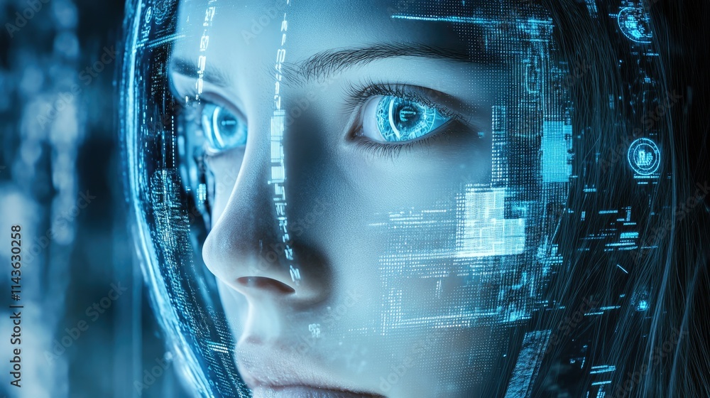 The Future of Intelligence: A captivating portrait of a woman with a digital overlay, her piercing blue eyes reflecting the intricacies of artificial intelligence. The Future of Intelligence: A captivating portrait of a woman with a digital overlay, her piercing blue eyes reflecting the intricacies of artificial intelligence.