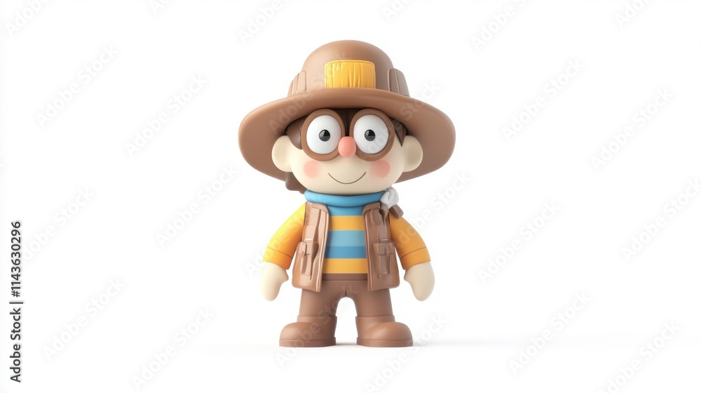 Smiling 3D Cartoon Boy Explorer in Hat, Standing, White Background Smiling 3D Cartoon Boy Explorer in Hat, Standing, White Background