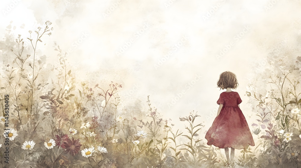 Girl in Red Dress Stands in a Wildflower Field Girl in Red Dress Stands in a Wildflower Field
