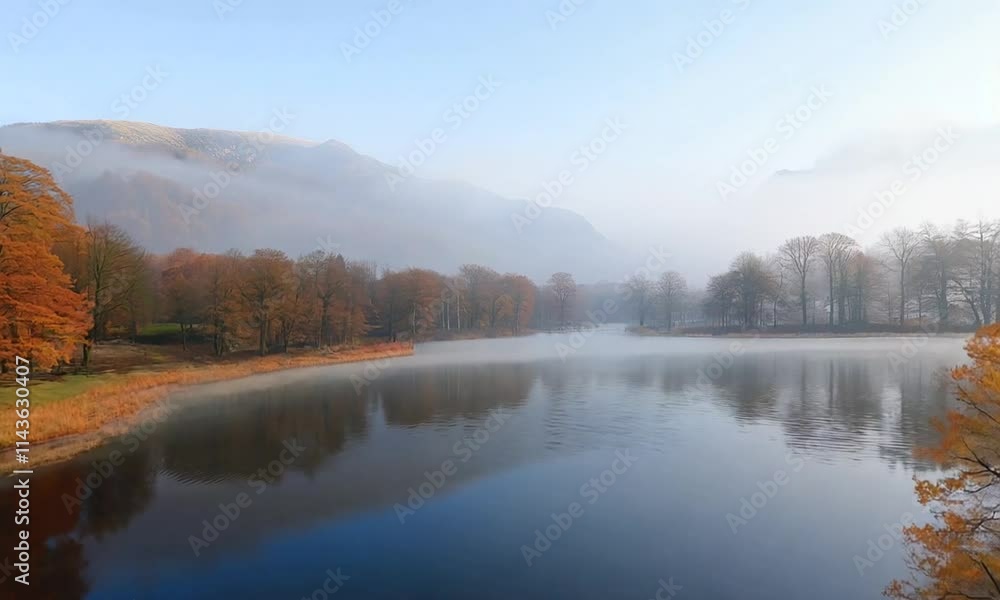 Serene lake landscape with autumn foliage and misty mountains. Serene lake landscape with autumn foliage and misty mountains.