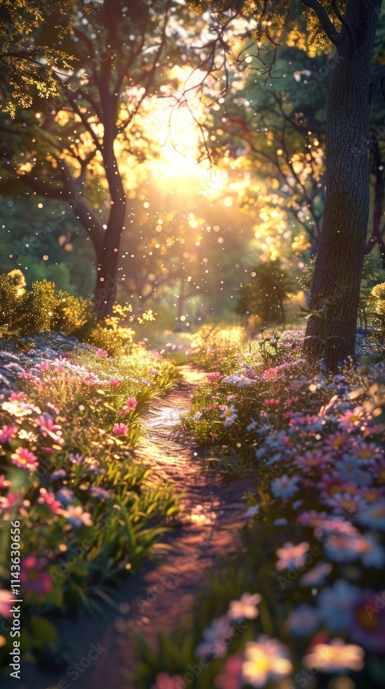 Obraz premium A serene sunlit woodland path winding through a lush enchanting forest filled with vibrant wildflowers verdant foliage and dappled golden light filtering through the canopy above